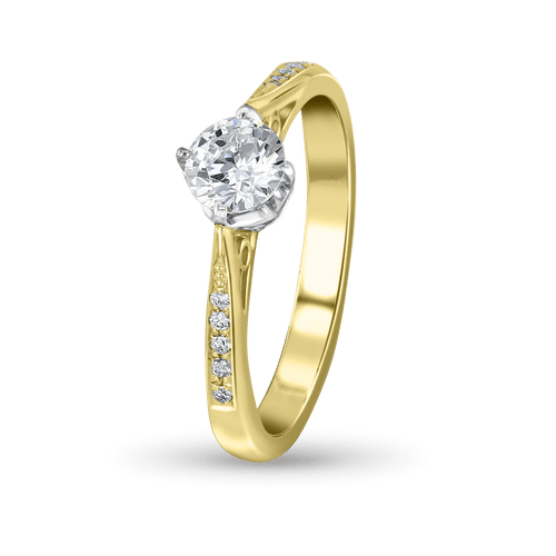 Minerva Ring Catherine Best Dev 6 Claw with Diamond Set Shoulders 18ct Yellow Gold and Platinum 0.70ct F Vvs2