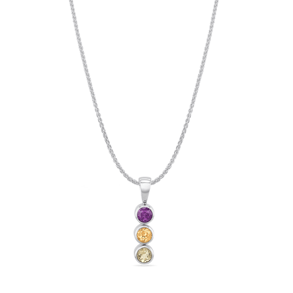 Primrose Pendant Catherine Best Dev Pendant on an 18" chain Yellow Beryl Royal Purple Garnet and Mandarin Garnet 