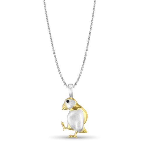 Oscar the Puffin Pendant Catherine Best Dev Silver and Gold Plate Pendant on a 18